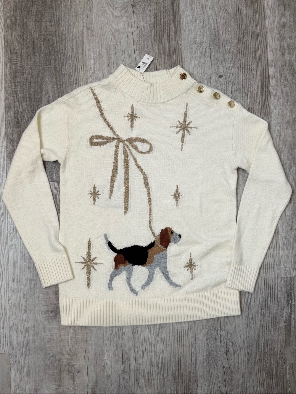 Talbots Cream Delightful Dog Mock-neck Sweater Gold Buttons Women’s Size XS NWT